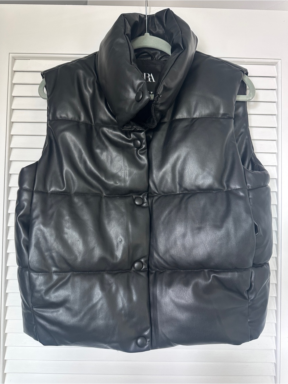 Zara Black Faux Leather Puffer Vest Size S High Collar Quilted Zip Snap